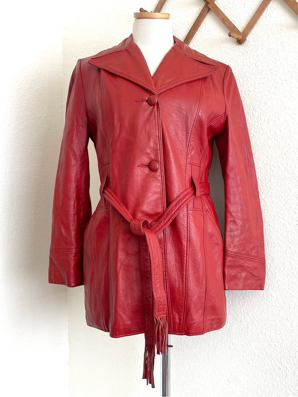 Vintage Red Leather Coat with Fringe Tie Belt